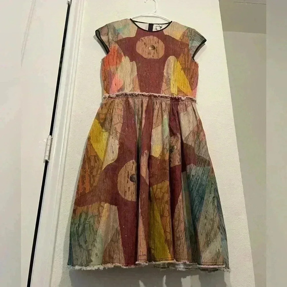 Making The Cut Winning Look Garys Beige Burgundy Paint Print Dress Sz M - Picture 4 of 12